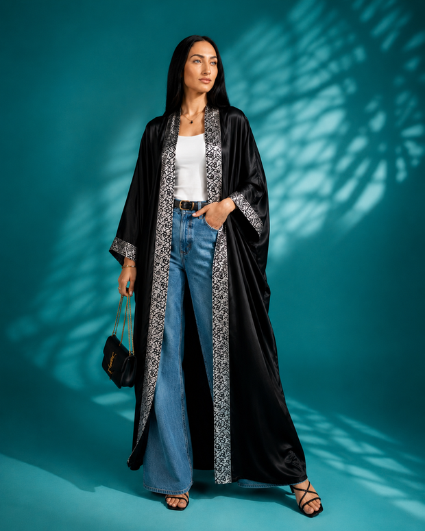 Tendresse Boutique Black Silk Abaya with Calligraphy Embroidery