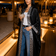 Tendresse Boutique Black Silk Abaya with Calligraphy Embroidery