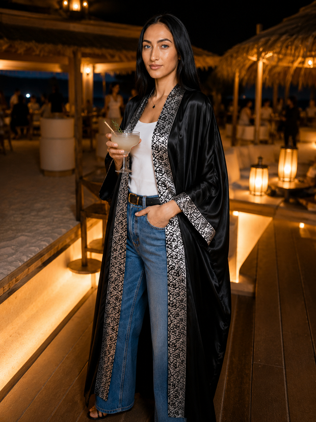 Tendresse Boutique Black Silk Abaya with Calligraphy Embroidery