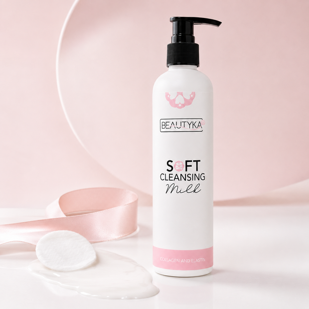 A white pump bottle of Beautyka Soft Cleansing Milk on a soft pink background with a ribbon and cotton pads.