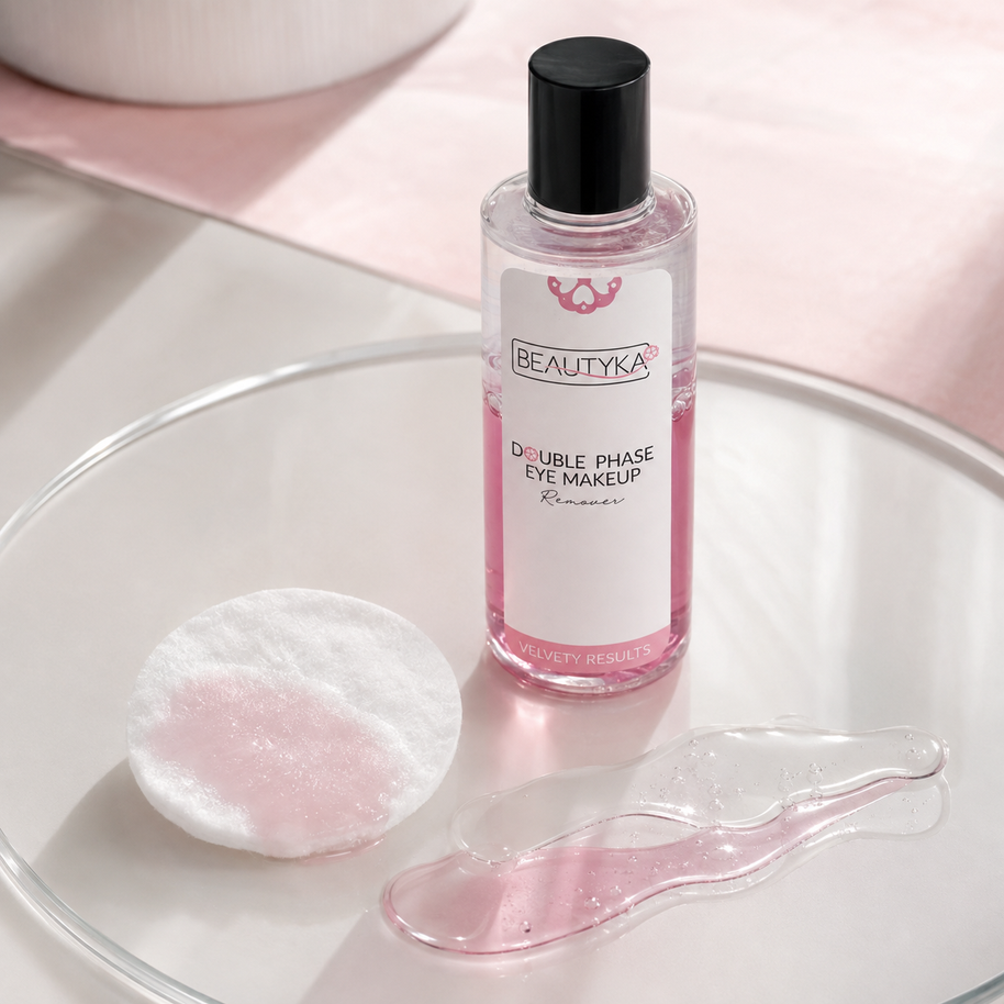 A bottle of BEAUTYKA Double Phase Eye Makeup remover sits on a clear glass tray, surrounded by a cotton pad soaked with pink liquid and a smear of the translucent pink remover, against a soft pink background.