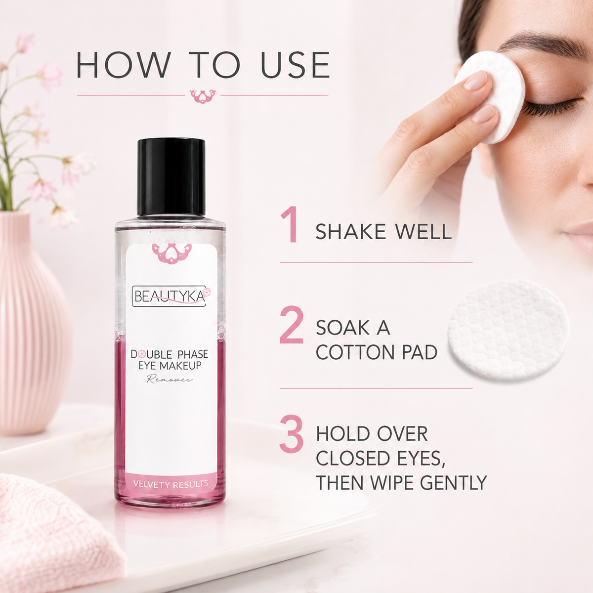 Beautyka double phase eye makeup remover bottle shown next to a step-by-step how-to guide on how to use it, including soaking a cotton pad and wiping over closed eyes.