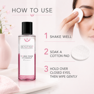Beautyka double phase eye makeup remover bottle shown next to a step-by-step how-to guide on how to use it, including soaking a cotton pad and wiping over closed eyes.