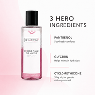Beautyka Double Phase Eye Makeup Remover bottle on a light pink and white background with text highlighting three hero ingredients: panthenol, glycerin, and cyclomethicone.