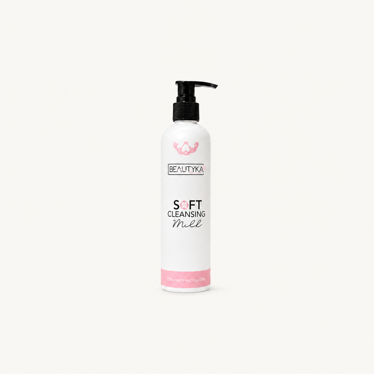 A white bottle of Beautyka Soft Cleansing Milk with a black pump and pink accents on an off-white background.