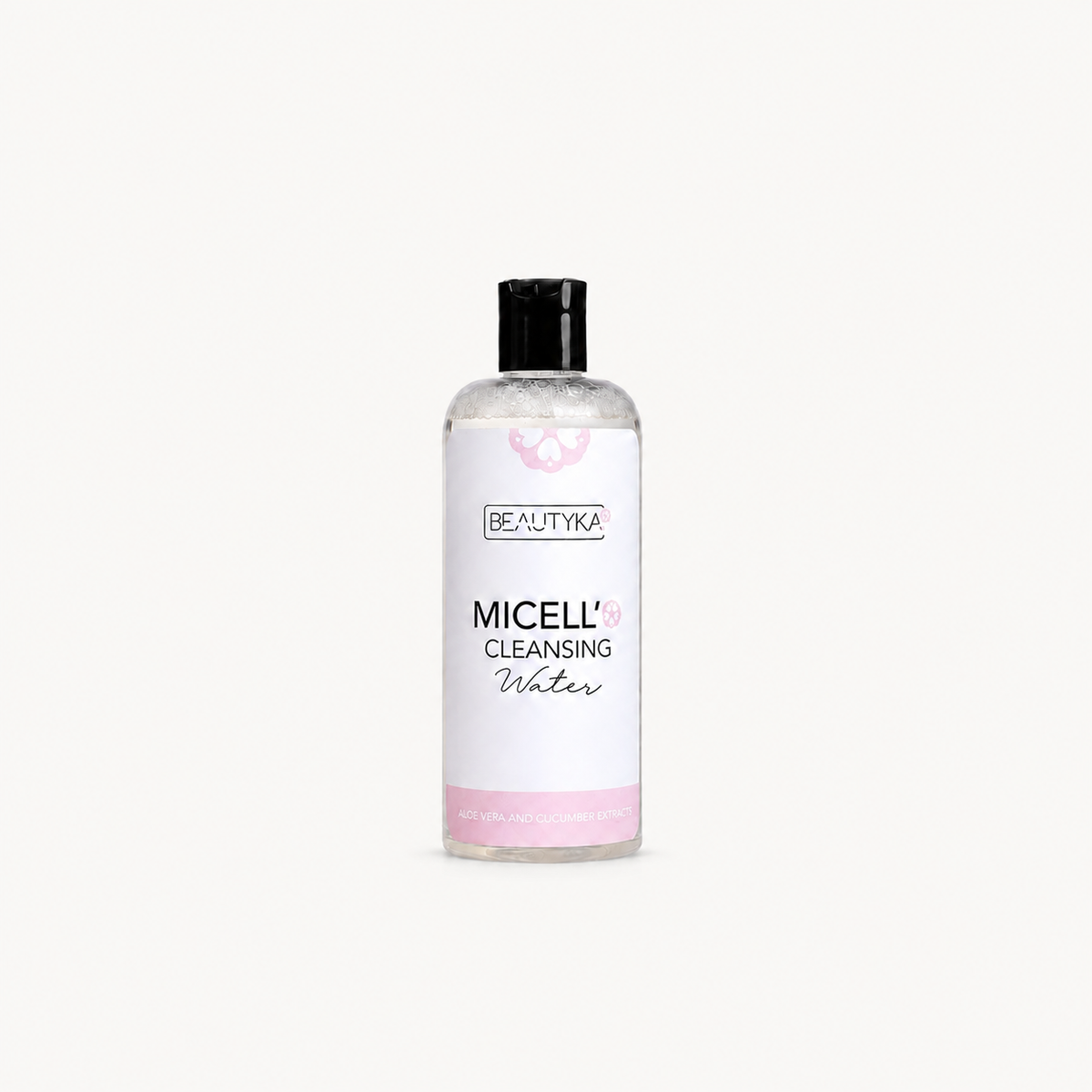 A clear bottle of Beautyka Micell'O Cleansing Water with a white label and black cap on an off-white background.