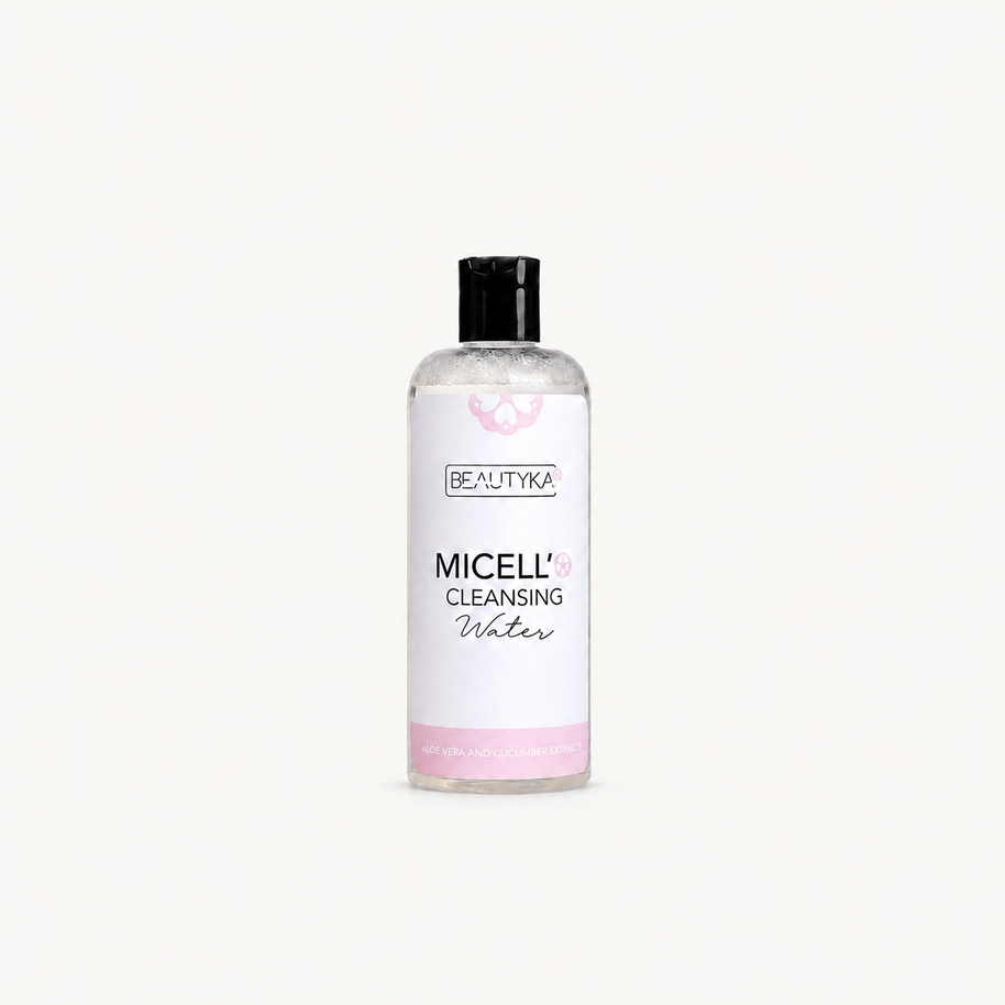 A clear bottle of Beautyka Micell'O Cleansing Water with a white label and black cap on an off-white background.