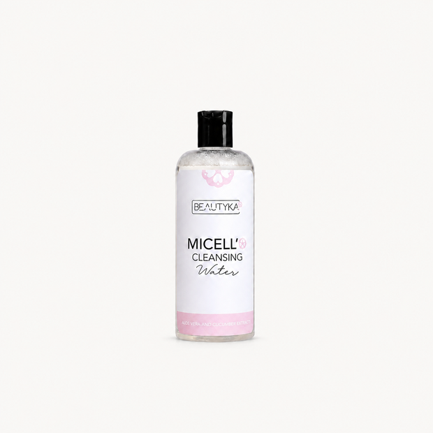A clear bottle of Beautyka Micell'O Cleansing Water with a white label and black cap on an off-white background.