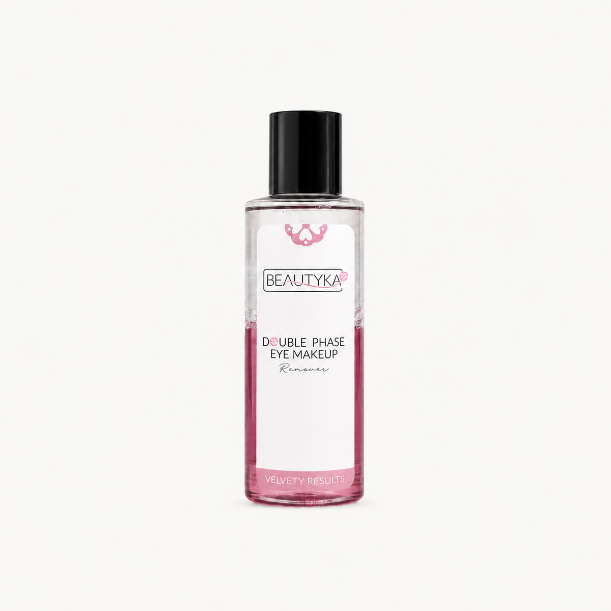 A bottle of BEAUTYKA Double Phase Eye Makeup remover, featuring a clear bottle with pink liquid, a white label, and a black cap, set against a plain off-white background.
