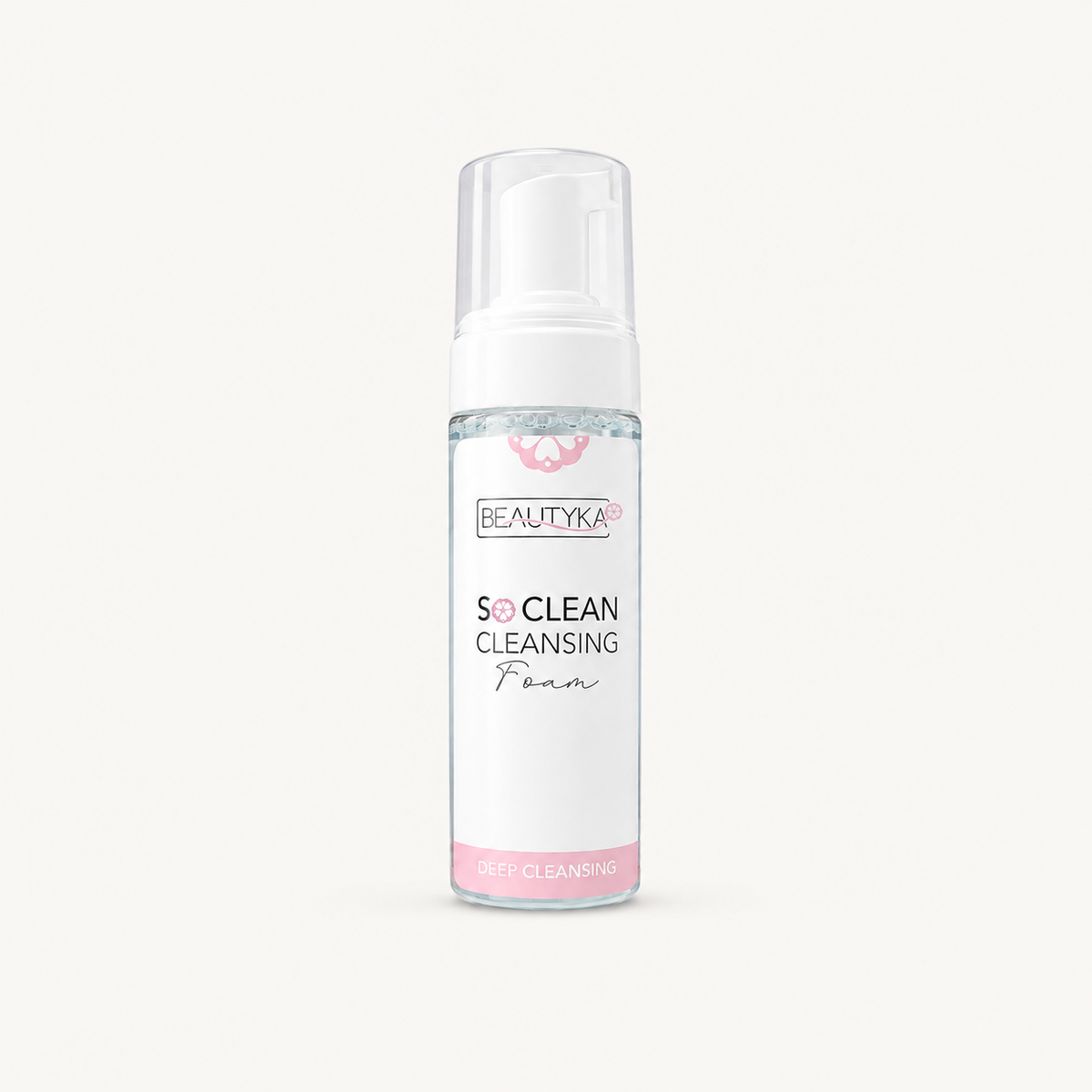A bottle of BEAUTYKA So Clean Cleansing Foam on a clean, solid off-white background. The bottle is clear with a white pump dispenser and features a white label with pink and black text.