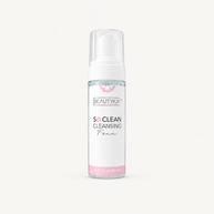 A bottle of BEAUTYKA So Clean Cleansing Foam on a clean, solid off-white background. The bottle is clear with a white pump dispenser and features a white label with pink and black text.