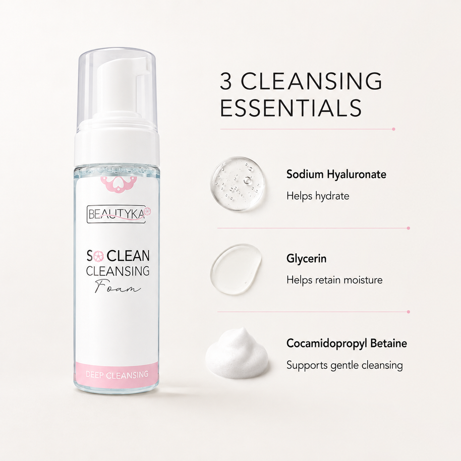 Beautyka So Clean Cleansing Foam bottle shown next to three key ingredients: Sodium Hyaluronate, Glycerin, and Cocamidopropyl Betaine, with text explaining their benefits on a clean off-white background.