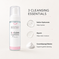 Beautyka So Clean Cleansing Foam bottle shown next to three key ingredients: Sodium Hyaluronate, Glycerin, and Cocamidopropyl Betaine, with text explaining their benefits on a clean off-white background.