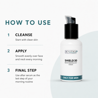 A skincare pump bottle labeled Beautyka Shield 30 Moisturizing Day Cream stands on a clean white background beside a teal 'HOW TO USE' instruction panel with three steps: cleanse, apply, and final step.