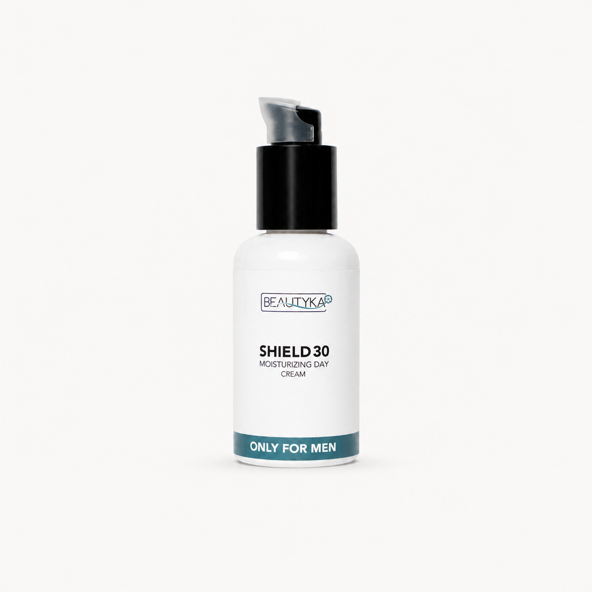 A white pump bottle of Beautyka Shield 30 Moisturizing Cream with a black pump and a teal accent band at the bottom, set against a plain white background.