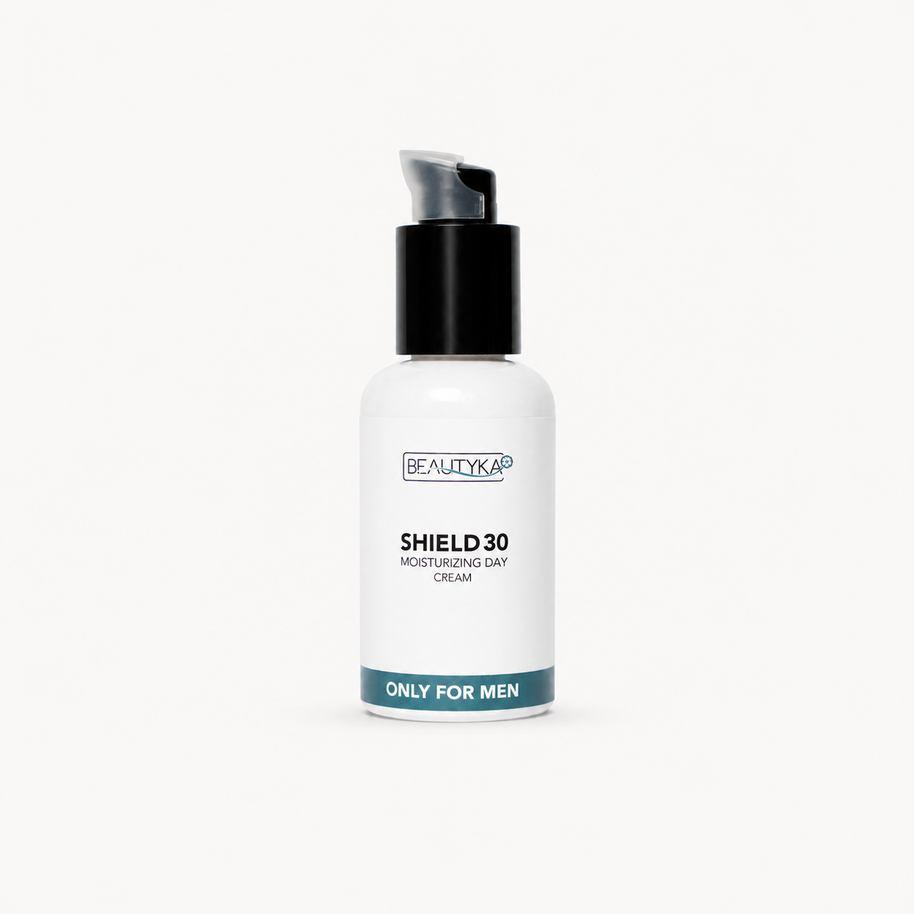 A white pump bottle of Beautyka Shield 30 Moisturizing Cream with a black pump and a teal accent band at the bottom, set against a plain white background.