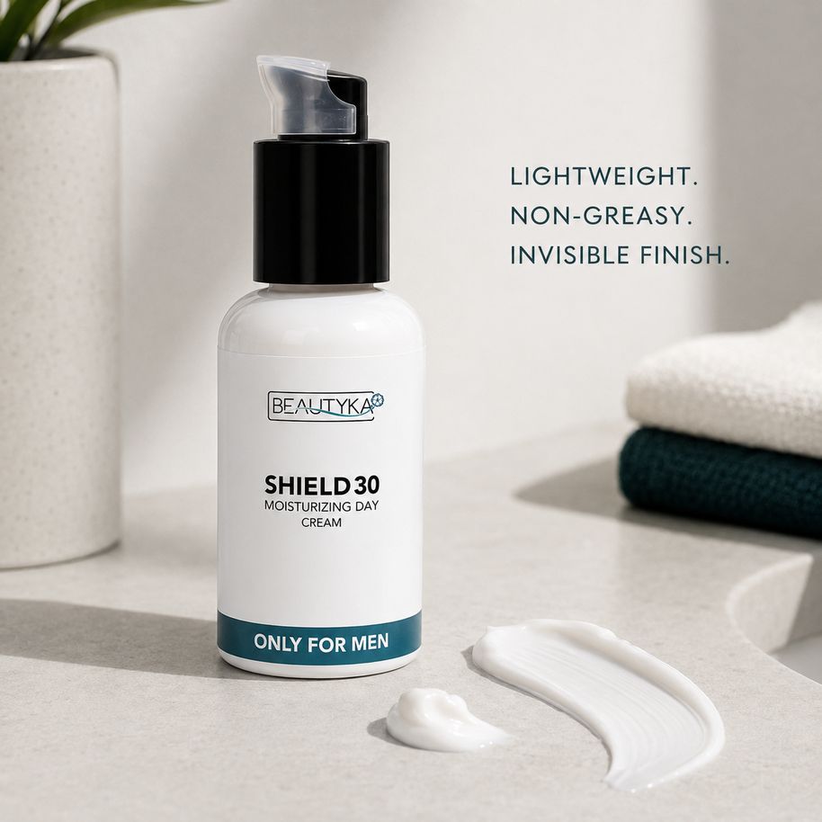 A white bottle of Beautyka Shield 30 Moisturizing Day Cream with a black pump, set on a light stone surface next to a swipe of white cream, with text highlighting the product's lightweight, non-greasy, invisible finish.