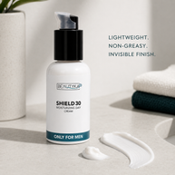 A white bottle of Beautyka Shield 30 Moisturizing Day Cream with a black pump, set on a light stone surface next to a swipe of white cream, with text highlighting the product's lightweight, non-greasy, invisible finish.