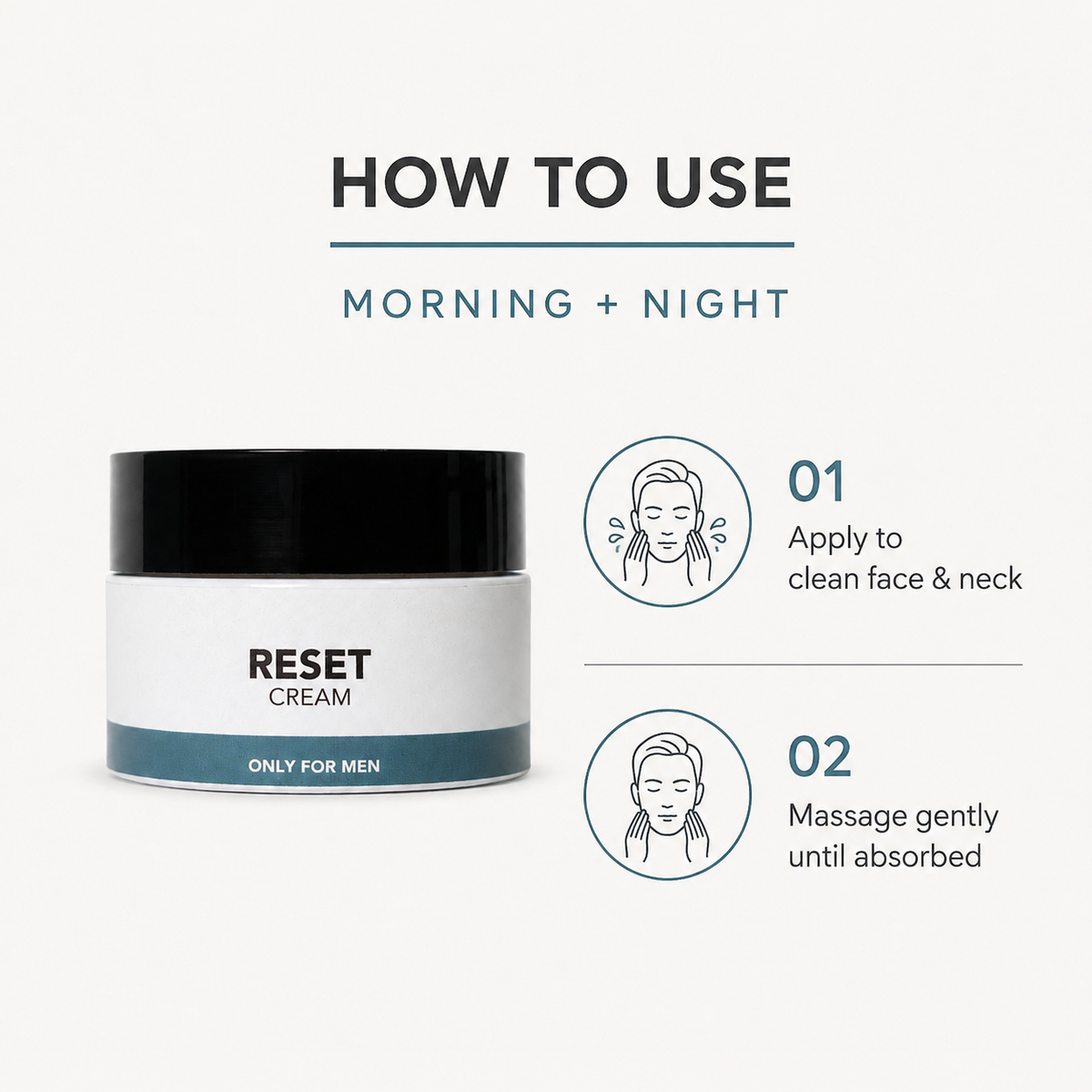 Instruction graphic for a men's skincare cream showing a white and black jar labeled 'RESET CREAM' with usage steps: apply to clean face and neck, then massage gently until absorbed.