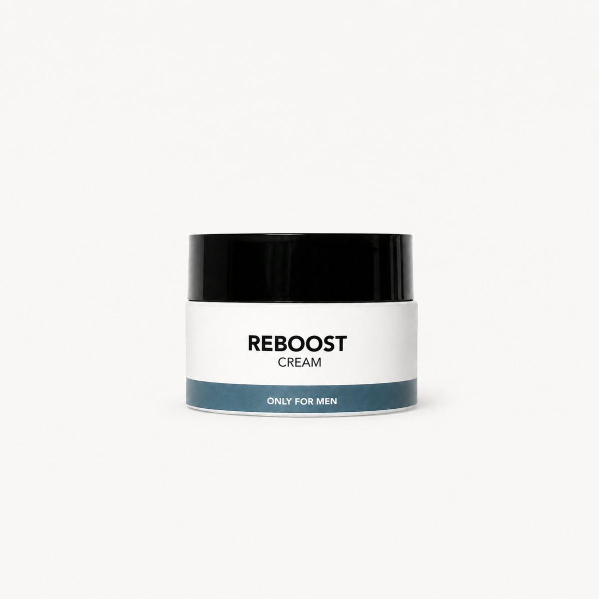 A small cosmetic jar labeled 'REBOOST CREAM' and 'ONLY FOR MEN' on a clean white background.