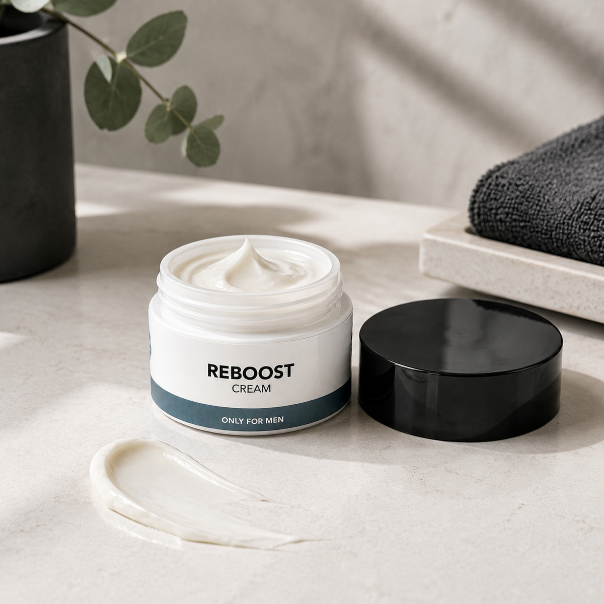 A jar of Reboost Cream for men on a light stone surface with its black lid beside it and a smear of the white cream in front.