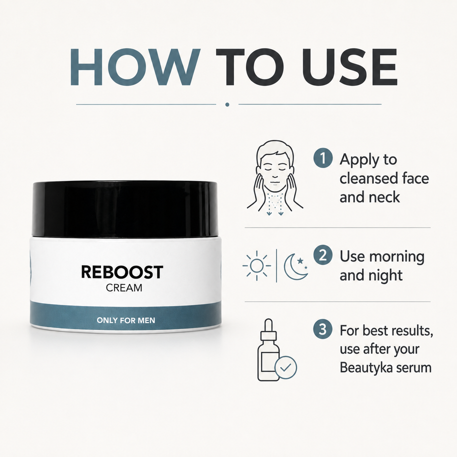 Instruction graphic for Reboost Cream showing a black-and-white jar on a light background with three usage steps: apply to cleansed face and neck, use morning and night, use after a Beautyka serum.