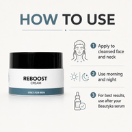 Instruction graphic for Reboost Cream showing a black-and-white jar on a light background with three usage steps: apply to cleansed face and neck, use morning and night, use after a Beautyka serum.