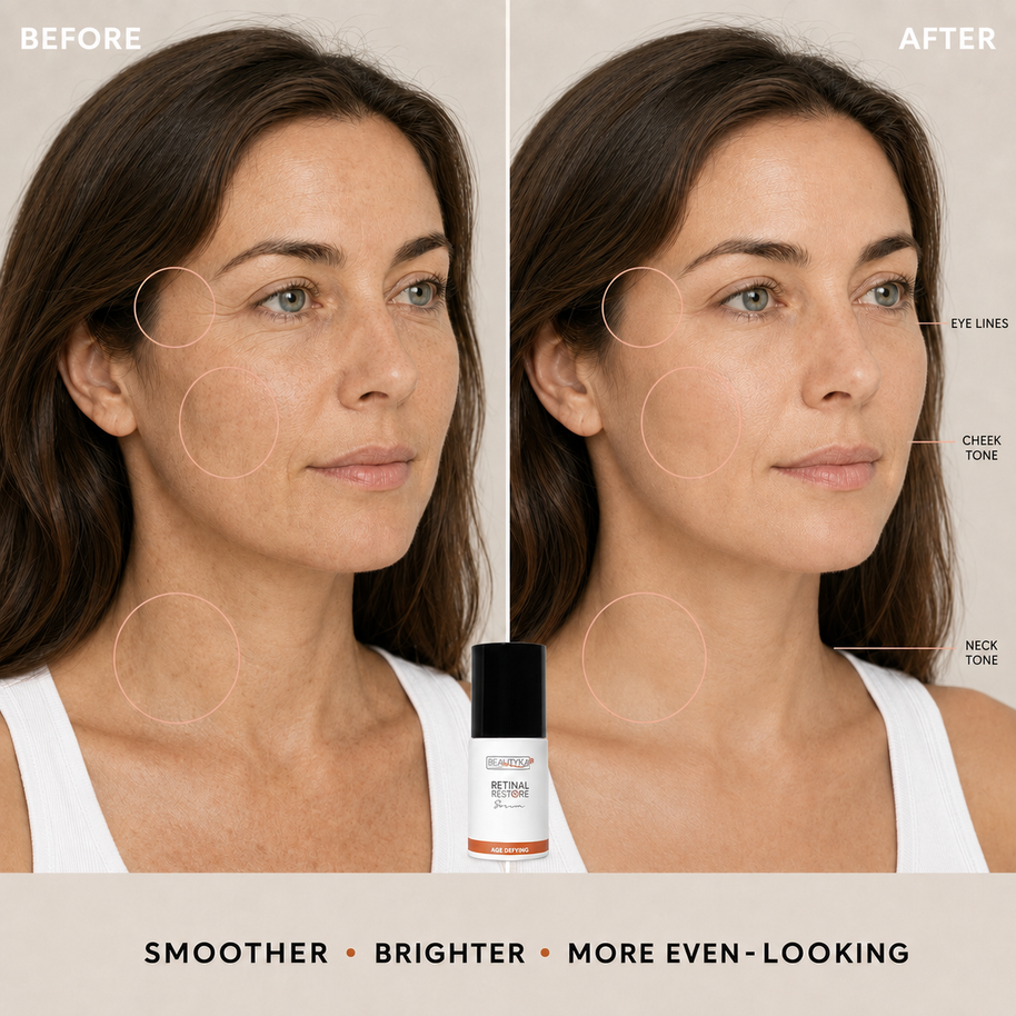 Before-and-after split comparison showing improved skin tone and evenness, with the serum bottle centered at the bottom.