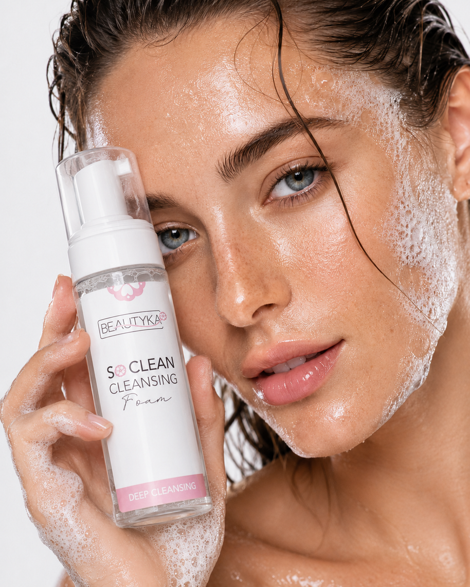 A close-up of a woman with wet hair and foaming cleanser on her face, holding a bottle of BEAUTYKA So Clean Cleansing Foam against a light gray background.