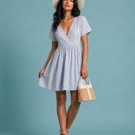 Striped Seersucker V-Neck Wrap Mini Dress