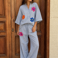 By Rita Raphael Long Navy Blue Striped Linen Set