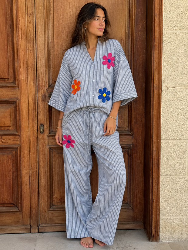 By Rita Raphael Long Navy Blue Striped Linen Set