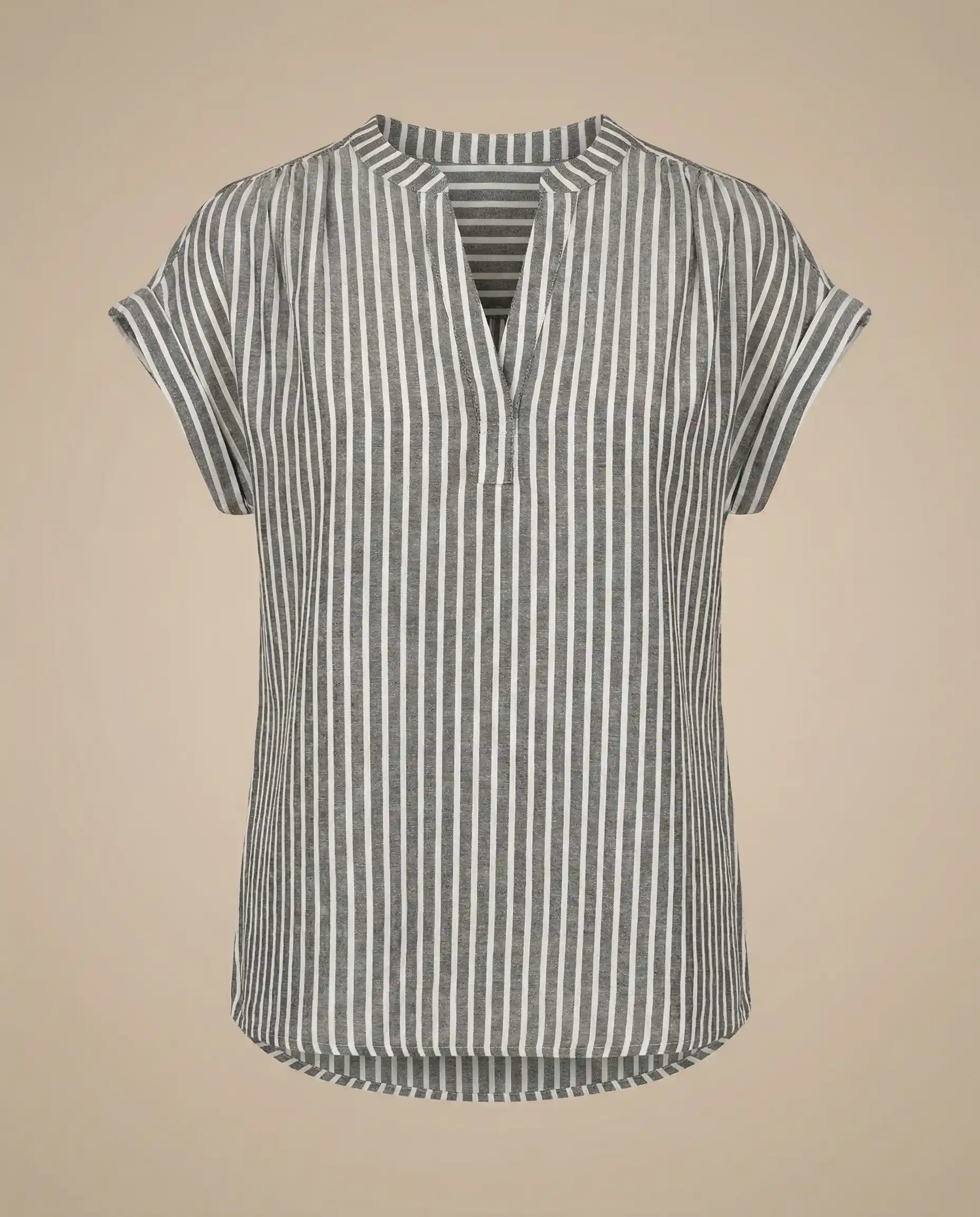 Gray and white vertical striped short sleeve blouse with a split neckline.
