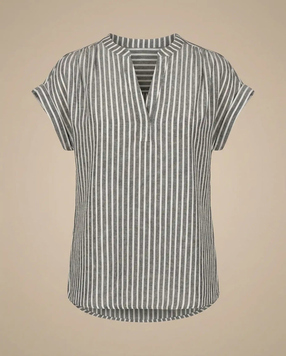 Gray and white vertical striped short sleeve blouse with a split neckline.
