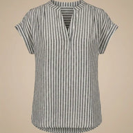 Gray and white vertical striped short sleeve blouse with a split neckline.