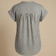 Back view of a short sleeve gray and white striped blouse with rolled cuffs