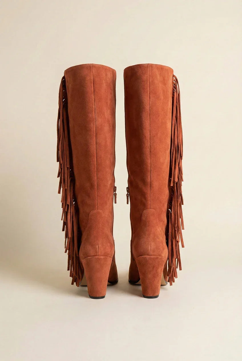 Pair of tall brown suede boots with fringe and block heels on neutral background