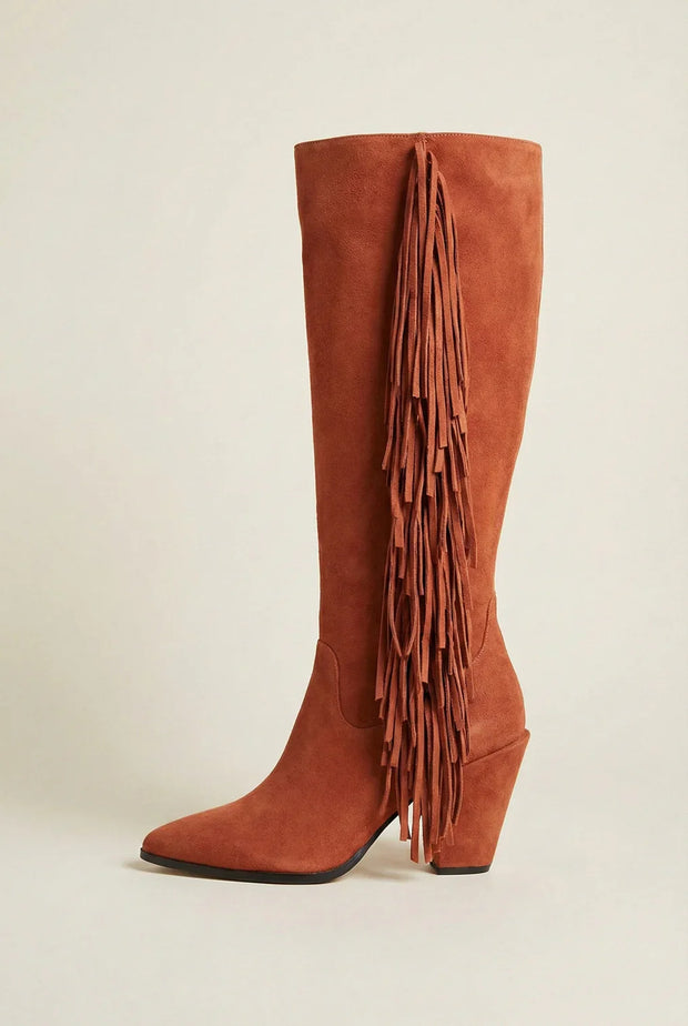 Brown suede knee-high boot with fringe detail and chunky heel