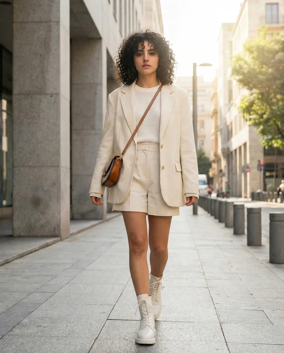 Woman in cream blazer and shorts with boots and crossbody bag walking in city street