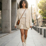 Woman in cream blazer and shorts with boots and crossbody bag walking in city street