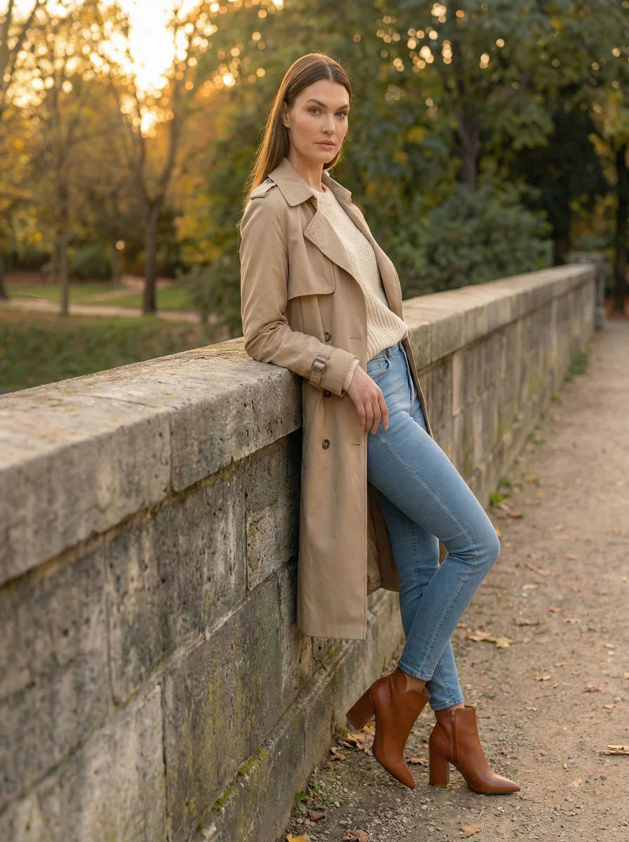 Woman in beige trench coat, blue jeans, and brown boots standing by stone wall in park