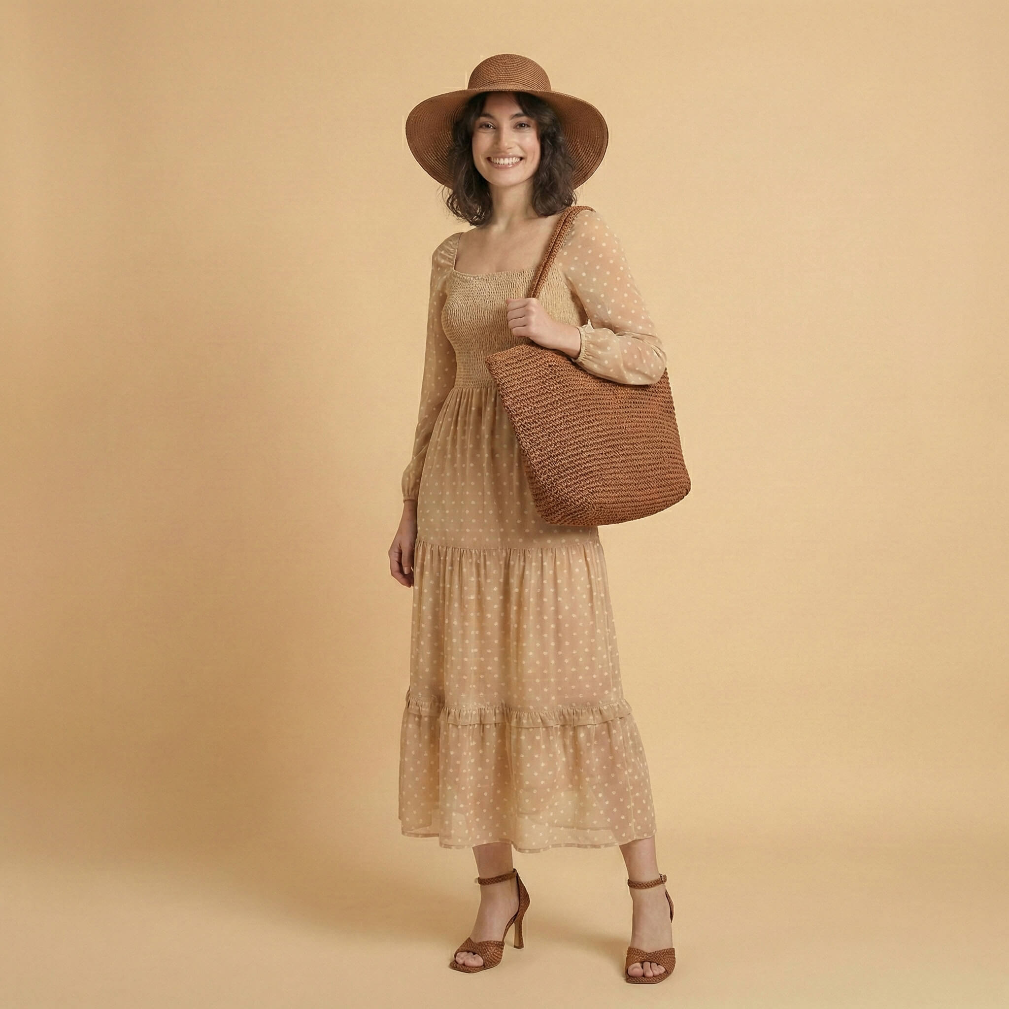 Woman in beige polka dot dress, straw hat, heels, and woven tote bag on neutral background