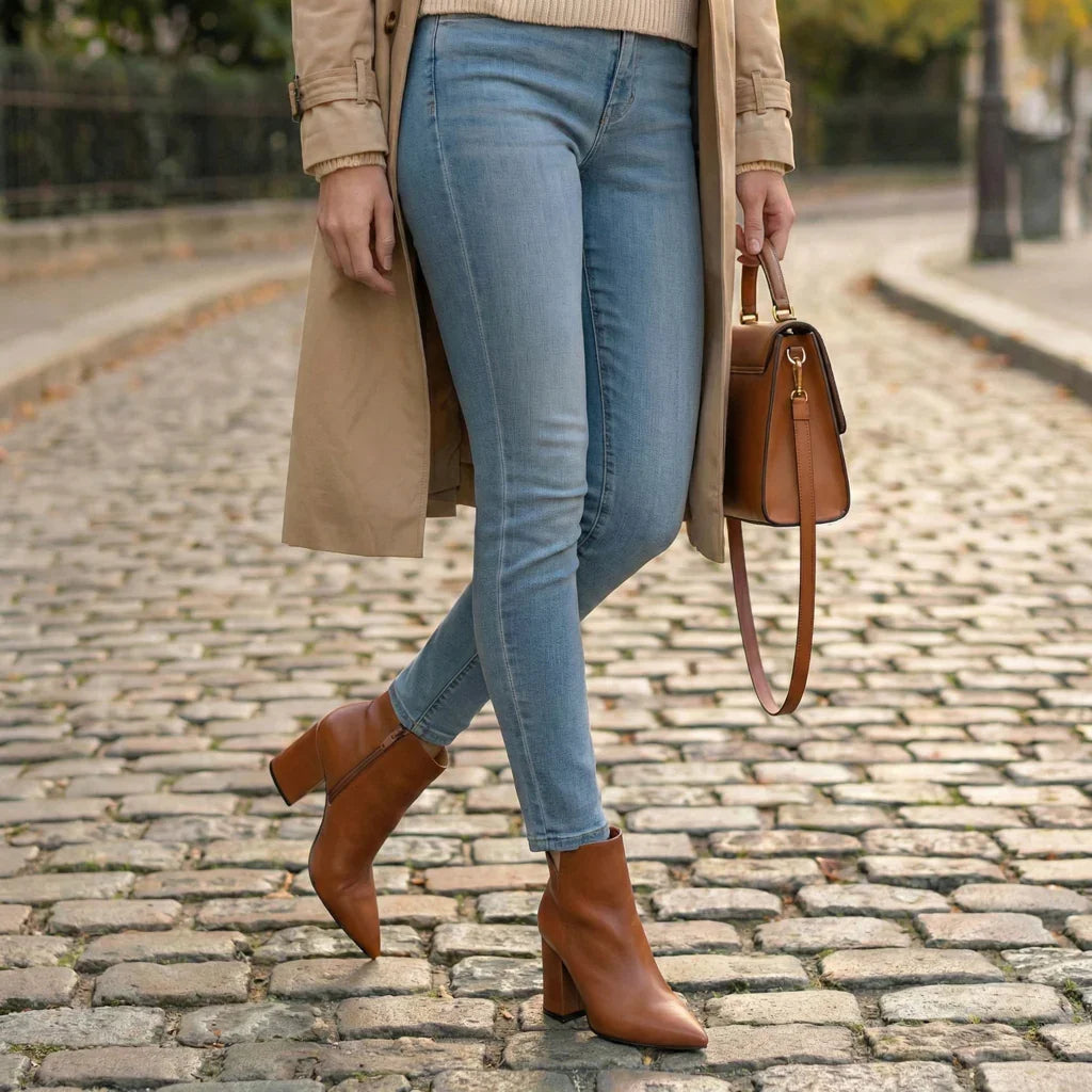 Woman wearing light blue skinny jeans, tan ankle boots, trench coat, holding brown handbag on cobblestone street