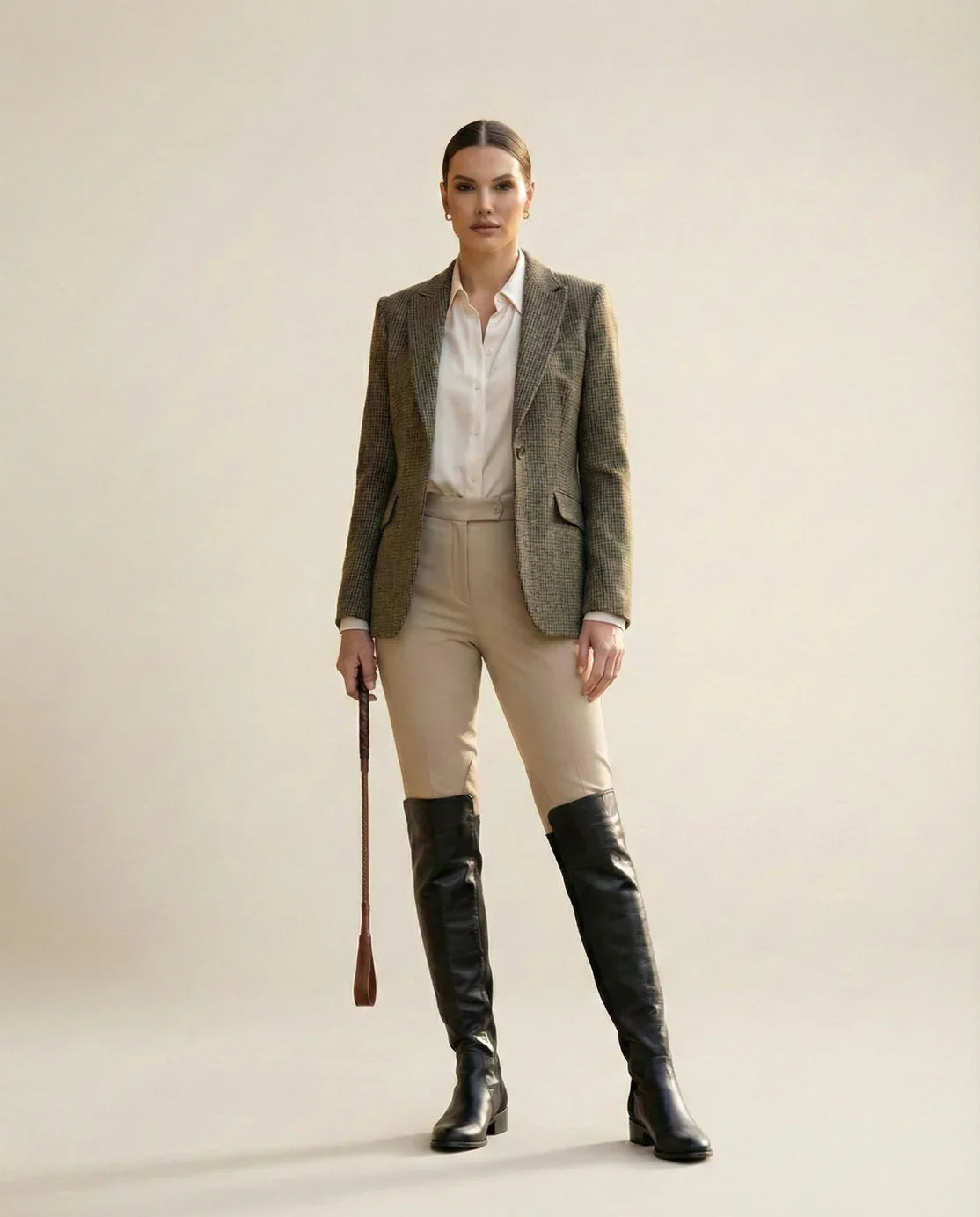Woman in equestrian outfit with tweed blazer, beige riding pants, and tall black boots