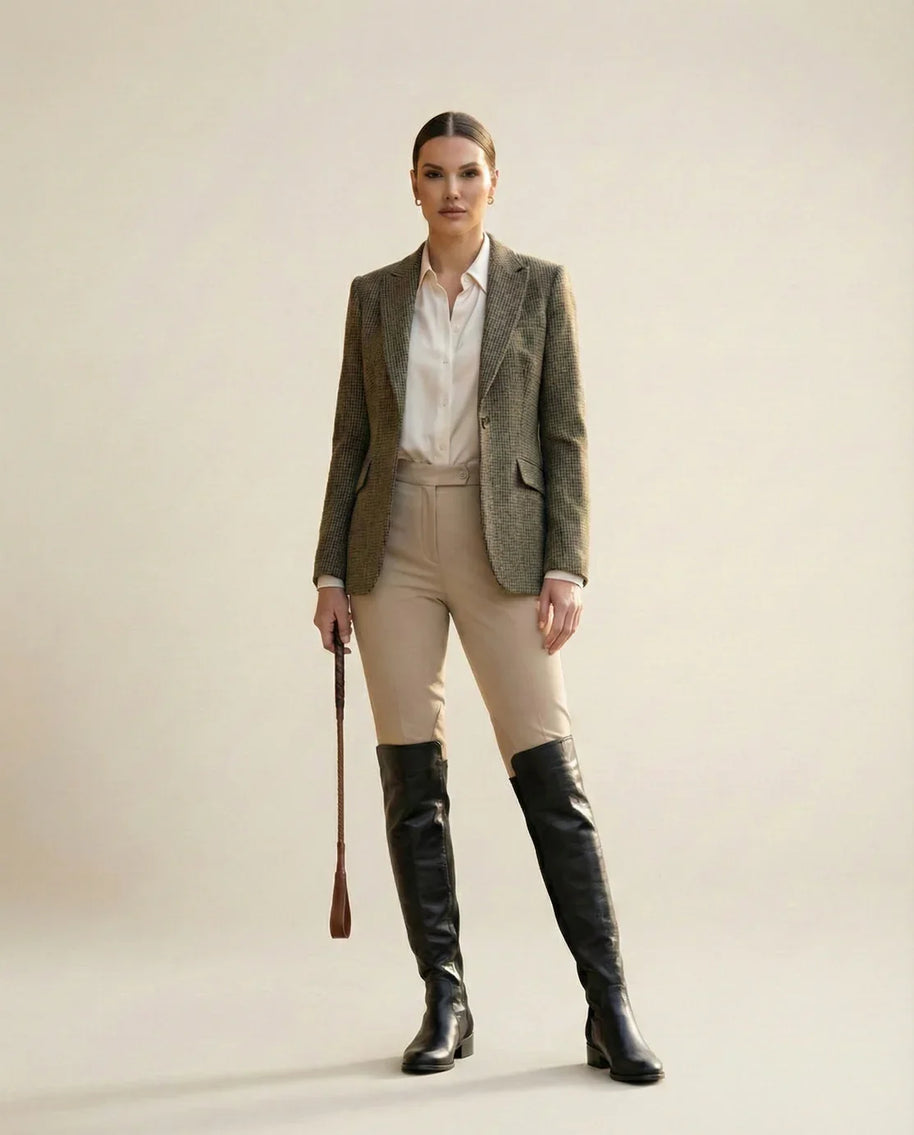 Woman in equestrian outfit with tweed blazer, beige riding pants, and tall black boots
