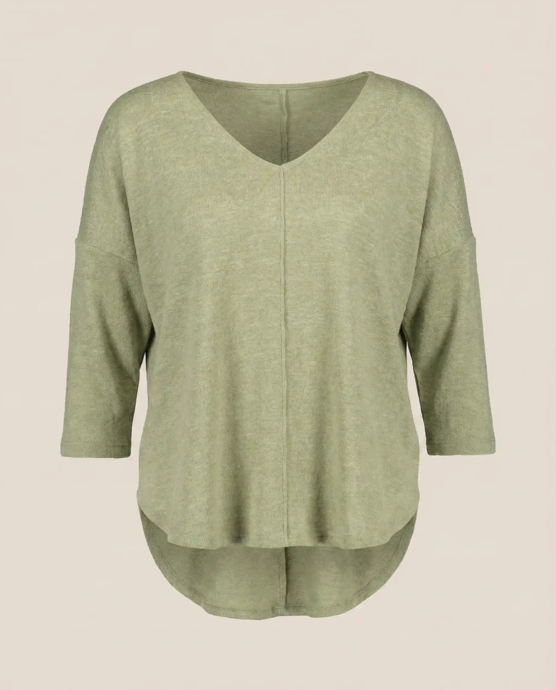 Light green V-neck long sleeve knit top with high-low hem and seam detail