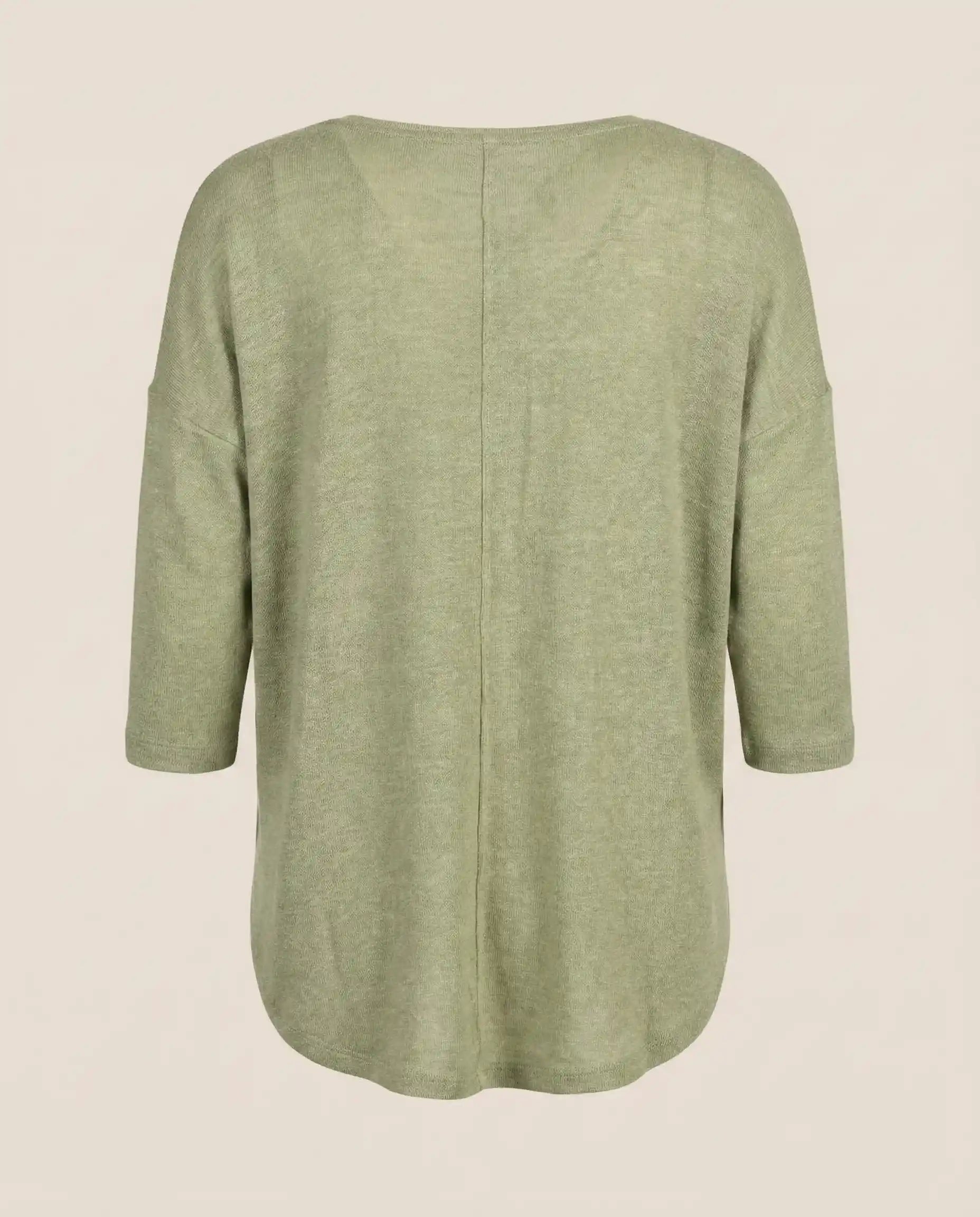 Back view of a light green knit sweater with three-quarter sleeves on a plain background