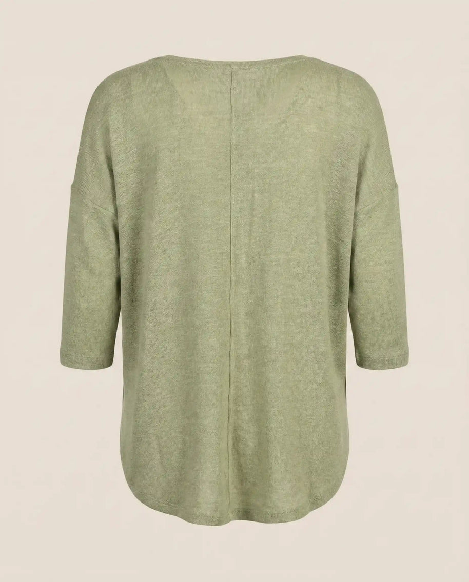 Back view of a light green knit sweater with three-quarter sleeves on a plain background