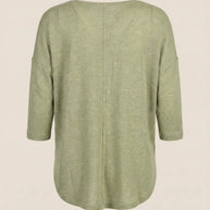 Back view of a light green knit sweater with three-quarter sleeves on a plain background