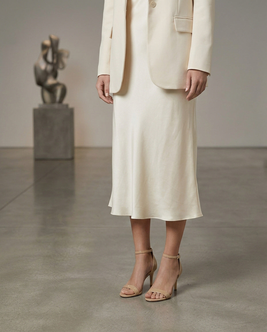 Woman in cream blazer and midi slip skirt with nude heels in art gallery setting